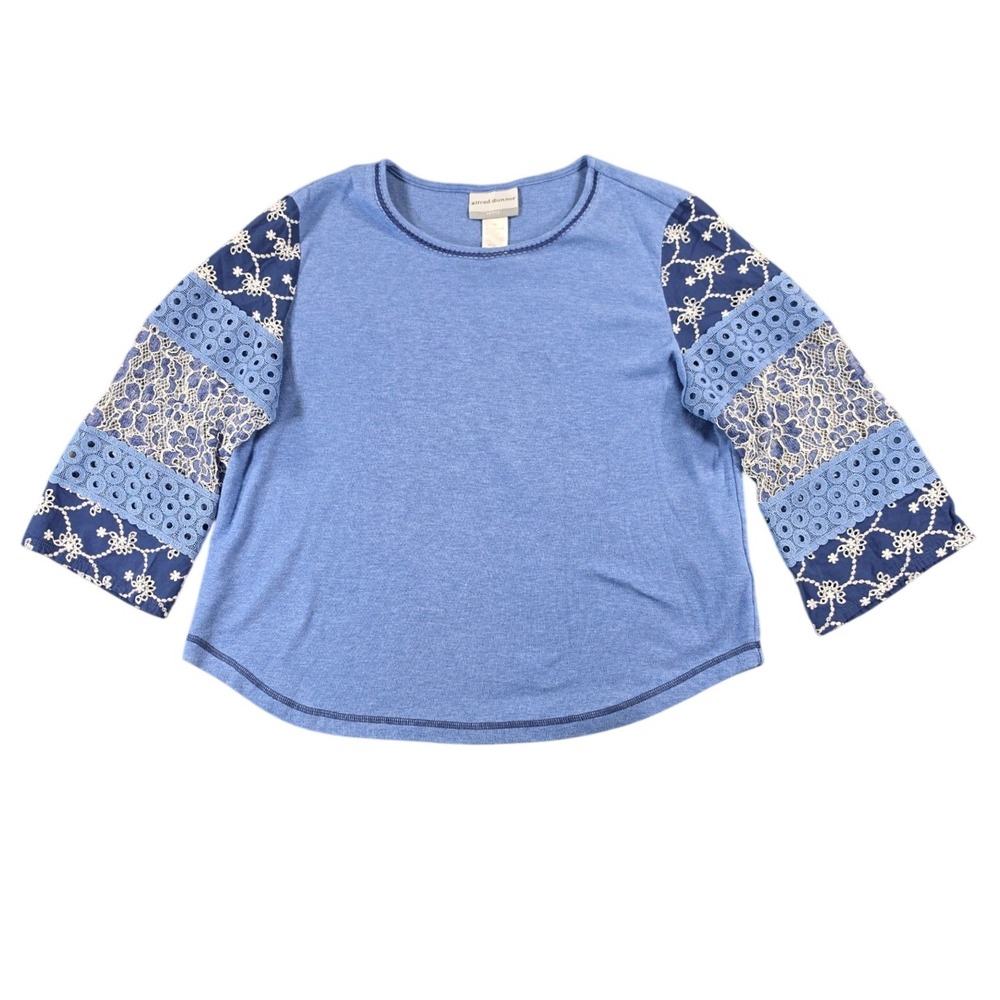Alfred Dunner Embroidered Lace Sleeve Mixed Media Top Blueโ Womens Petite M